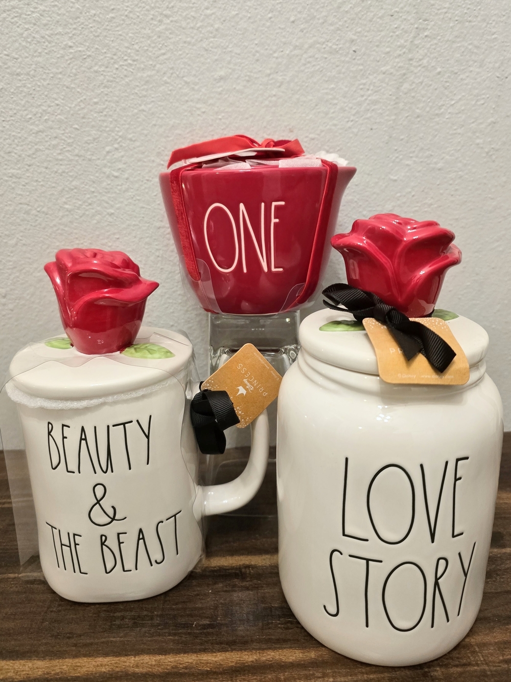 Rae Dunn Beauty & The Beast Canister & Mug With Rose Topper & 4pc Measuring Cups